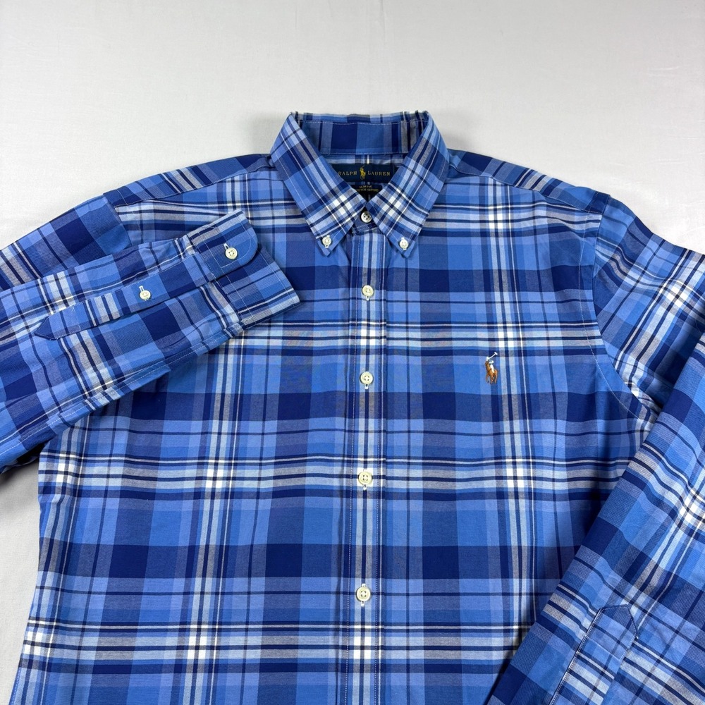Polo Ralph Lauren Shirt Mens Large Blue Plaid Slim Fit Stretch Oxford Flesh Pony